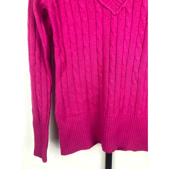 LOFT V-Neck Cable Knit Sweater Fuchsia Sz S Wool Rabbit Hair Blend Cozy NWT - Picture 3 of 6